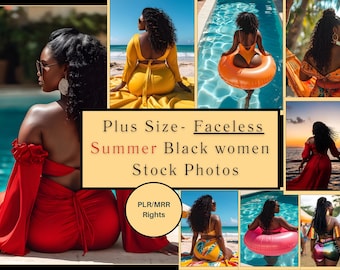 May include: A collage of photos featuring faceless Black women in summer settings. The photos show women wearing various outfits, including a red dress, a yellow dress, a swimsuit, and a floral print dress. The text "Plus Size - Faceless Summer Black women Stock Photos" is displayed in the center of the collage.