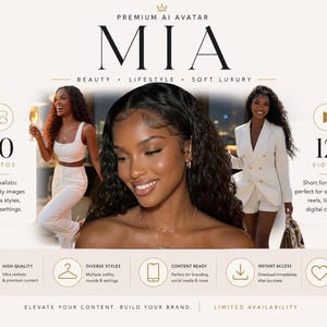 May include: A digital product listing for Premium AI Avatar MIA, featuring 70 photos and 12 videos. The graphic displays a central portrait of a woman with long dark wavy hair, flanked by images of her in a white outfit and a white blazer, with text.