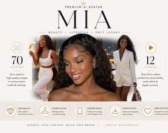 May include: A digital product listing for Premium AI Avatar MIA, featuring 70 photos and 12 videos. The graphic displays a central portrait of a woman with long dark wavy hair, flanked by images of her in a white outfit and a white blazer, with text.