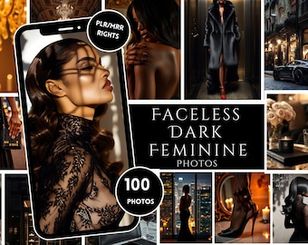 May include: A collage of images featuring a woman in a black lace dress, a woman in a black fur coat, a woman in a black dress standing in front of a city skyline, and a black car. The text "Faceless Dark Feminine Photos" and "100 Photos" is also included in the collage.
