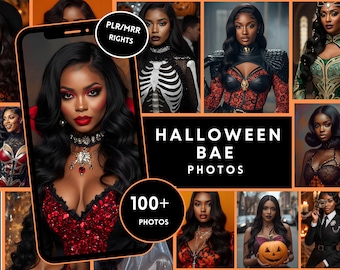 May include: A collage of images featuring women in Halloween-themed costumes and makeup. The images include a variety of styles, from elegant to spooky, with the text "Halloween Bae Photos" and "100+ Photos".