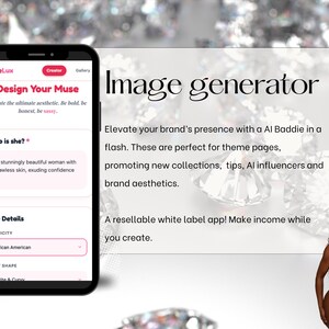May include: A smartphone displays the "BaddieLux" app interface, featuring "Design Your Muse" and "Image generator" text. The app allows users to curate aesthetics, with options for ethnicity and body shape. A woman in a black swimsuit poses nearby.