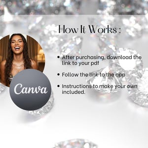 May include: Image featuring a smiling woman and the Canva logo, set against a backdrop of sparkling diamonds. Text overlay reads "How It Works" with bullet points detailing the process: download PDF, follow app link, and instructions included.