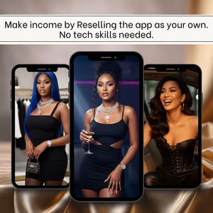 May include: Three smartphones displaying images of women in elegant attire. The text above reads: "Make income by Reselling the app as your own. No tech skills needed."
