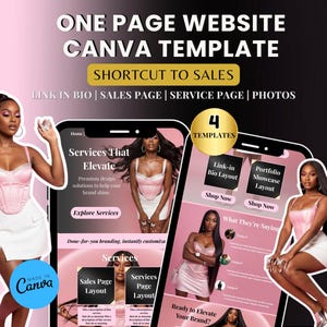 Puede incluir: Imagen promocional para una plantilla de sitio web de Canva. El diseño presenta a una mujer con un corsé rosa y una falda blanca, con dos teléfonos inteligentes que muestran diseños de sitios web. El texto incluye "ONE PAGE WEBSITE CANVA TEMPLATE" y "SHORTCUT TO SALES."