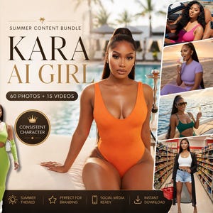 May include: Promotional image for a summer content bundle named "KARA AI GIRL." The image shows a woman in an orange swimsuit, with additional photos of her in summer settings. Text includes "60 PHOTOS + 15 VIDEOS" and "Instant Download."