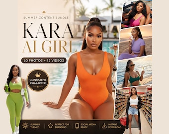 May include: A promotional image for a summer content bundle titled "KARA AI GIRL." The image features a woman in an orange swimsuit, with additional photos showcasing her in various summer settings. Text includes "60 PHOTOS + 15 VIDEOS."
