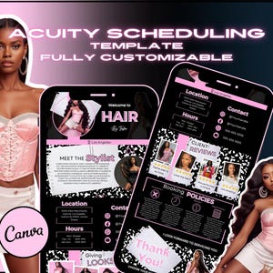 May include: Acuity Scheduling template with the text "FULLY CUSTOMIZABLE". The design features a pink and black color scheme, with images of women and a phone interface. The Canva logo is visible.