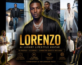 May include: A promotional image featuring a man in various luxury lifestyle settings. The central figure is a Black man wearing jewelry. Text overlay reads "LORENZO AI LUXURY LIFESTYLE AVATAR" with details about photos, videos, and character identity.