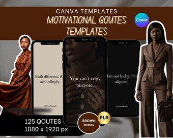 May include: A promotional image for Canva templates featuring motivational quotes. The image showcases three smartphones displaying quotes, with a woman in a brown suit and a woman in a brown dress. Text includes "CANVA TEMPLATES" and "MOTIVATIONAL QOUTES TEMPLATES".