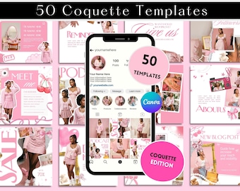 May include: Pink and white digital templates for social media, featuring the text "50 Coquette Templates." The image includes mockups of Instagram posts, with the Canva logo and the words "Coquette Edition."