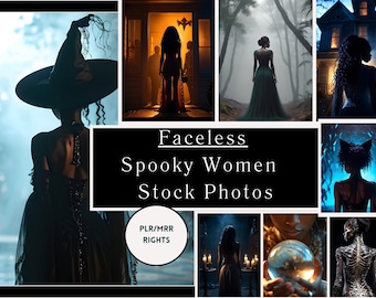 May include: A collage of spooky images featuring faceless women in various settings. The images include a woman in a witch's hat, a woman in a long green dress, a woman in a black dress, and a woman in a cat costume. The text "Faceless Spooky Women Stock Photos" is displayed in the center of the collage.