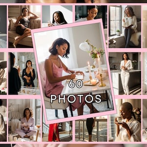 May include: A collage of 16 photos featuring a woman in various settings. The central image shows a woman in a pink dress at a table with candles and flowers. The text "60 PHOTOS" is displayed. The other photos show the woman in different outfits and activities.