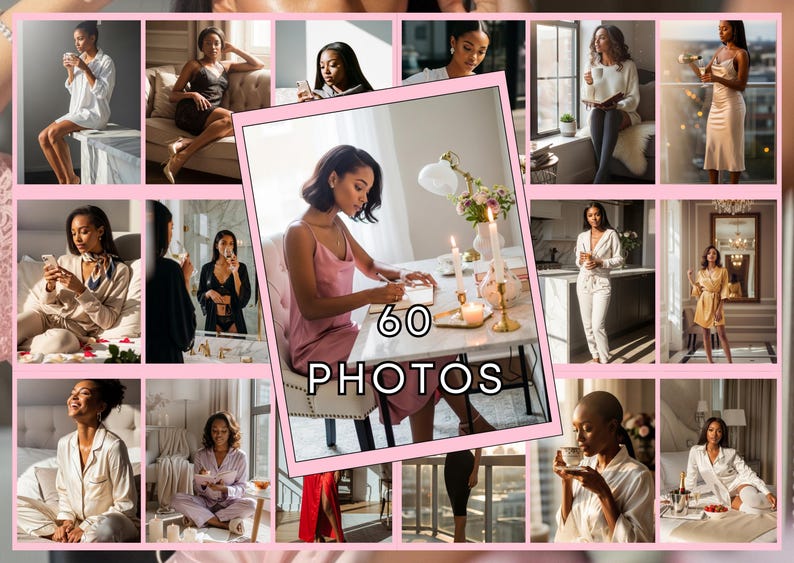 May include: A collage of 16 photos featuring a woman in various settings. The central image shows a woman in a pink dress at a table with candles and flowers. The text "60 PHOTOS" is displayed. The other photos show the woman in different outfits and activities.