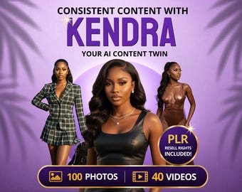 May include: An advertisement featuring three women in front of a purple background. The text reads "Consistent Content With Kendra, Your AI Content Twin." The image includes the text "100 Photos" and "40 Videos" and a "PLR Resell Rights Included!" badge.