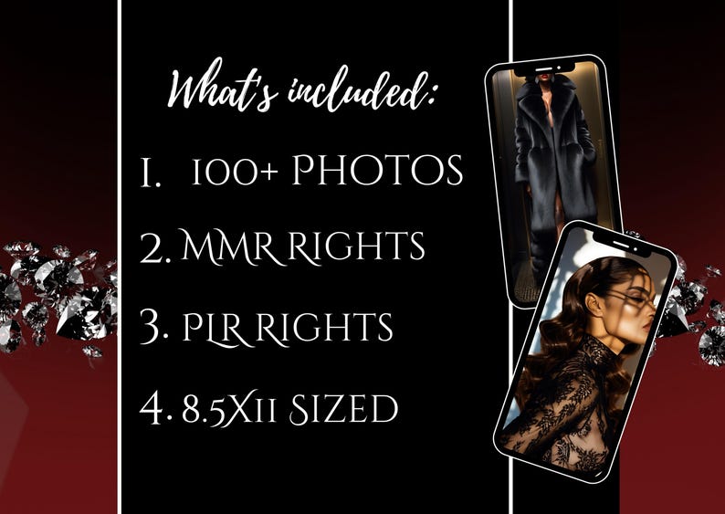 May include: A black and white graphic with white text on a black background. The text reads "What's included:" followed by a list of four items: "1. 100+ PHOTOS", "2. MMR RIGHTS", "3. PIR RIGHTS", and "4. 8.5XII SIZED".