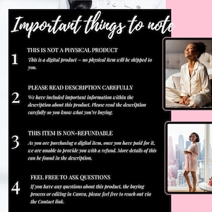 May include: A digital product information sheet with the title "Important things to note" in a handwritten style font. The sheet has a black background with white text and pink accents. Two images of women are included.