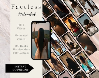 Pode incluir: Uma colagem de imagens mostrando as costas de mulheres com cabelo comprido e escuro. As imagens estão dispostas em uma grade na tela de um telefone. O texto "Faceless Melenated" está no topo da imagem. O texto "800+ Videos", "Melanated women", "100 Hooks", "50 video ideas", "100 Captions" e "INSTANT DOWNLOAD" também está incluído na imagem.