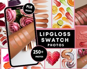 May include: A collage of images showcasing lip gloss swatches. The images include close-ups of lip gloss swatches on a person's arm, as well as abstract designs created with lip gloss. The text "Lip Gloss Swatch Photos" and "250+ Photos" are also included in the collage.