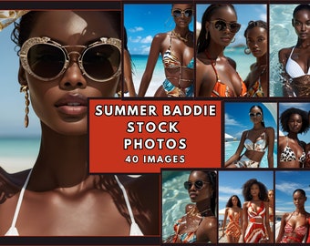 May include: A collage of photos featuring women wearing various swimwear styles, including bikinis and one-piece swimsuits. The photos are set against a backdrop of a beach and a pool. The text "SUMMER BADDIE STOCK PHOTOS 40 IMAGES" is displayed in the center of the collage.