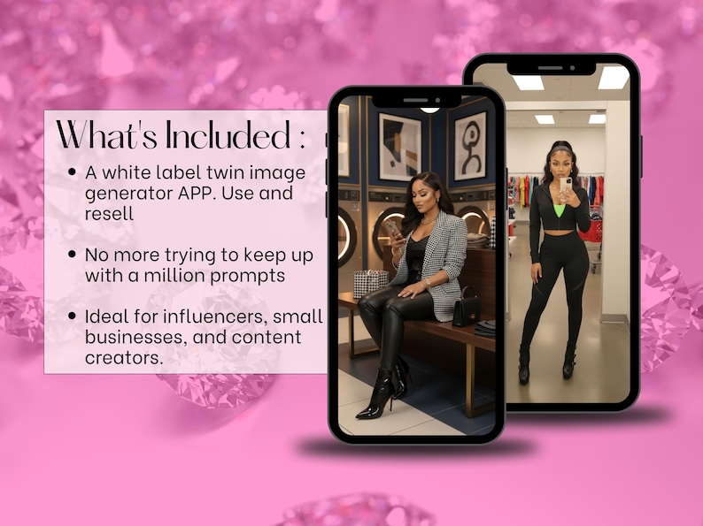 May include: Two smartphones displaying images of a woman in different outfits. The text "What's Included" is visible, listing features of a twin image generator app for influencers and small businesses. The background is pink.