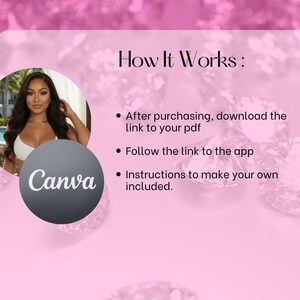 May include: A pink graphic with the text "How It Works" and instructions for a digital product. A circular image of a woman is on the left, with the Canva logo below. The background is a pink, diamond-like pattern.