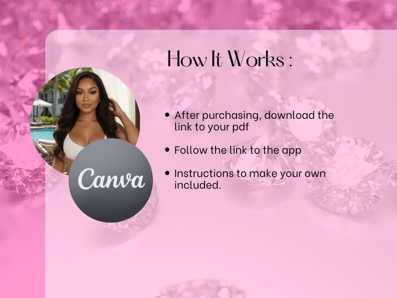 May include: A pink graphic with the text "How It Works" and instructions for a digital product. A circular image of a woman is on the left, with the Canva logo below. The background is a pink, diamond-like pattern.