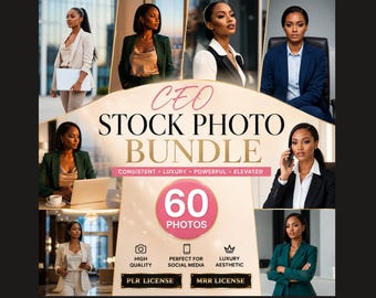 May include: A digital collection titled CEO STOCK PHOTO BUNDLE featuring 60 photos of a professional in various business attire including blazers and suits. The graphic includes text labels such as CONSISTENT, LUXURY, POWERFUL, ELEVATED, HIGH QUALITY, PLR LICENSE, and MRR LICENSE.