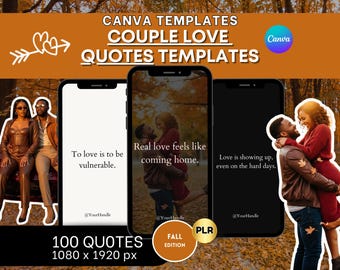 May include: A digital product advertisement for Canva templates featuring couple love quotes. The image showcases three smartphones with different quotes, including "To love is to be vulnerable." and "Real love feels like coming home."