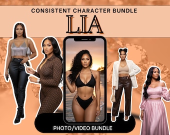 May include: An advertisement for a photo/video bundle featuring a woman in various outfits. The image includes the text "Consistent Character Bundle" and "LIA". The woman is shown in a silver top and black pants, a brown patterned dress, a black bikini, a white blazer and brown pants, and a pink dress.