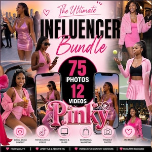May include: A digital marketing bundle advertisement titled The Ultimate Influencer Bundle featuring 75 photos and 12 videos. The graphic displays various images of a person in pink outfits, including dresses, sets, and casual wear, with icons for social media.