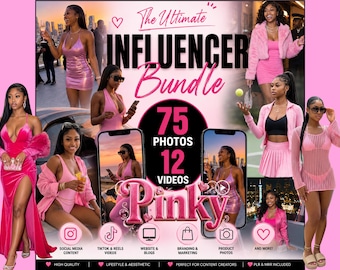 May include: A digital marketing bundle advertisement titled The Ultimate Influencer Bundle featuring 75 photos and 12 videos. The graphic displays various images of a person in pink outfits, including dresses, sets, and casual wear, with icons for social media.