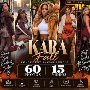 May include: A digital content bundle titled Kara Fall featuring 60 photos and 15 videos. The graphic displays five images of a person in various autumn outfits, including faux fur coats, a corset dress, and casual wear, with text overlays and icons.