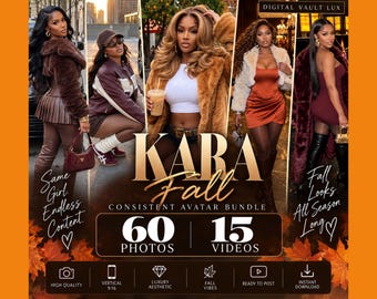 May include: A digital content bundle titled Kara Fall featuring 60 photos and 15 videos. The graphic displays five images of a person in various autumn outfits, including faux fur coats, a corset dress, and casual wear, with text overlays and icons.