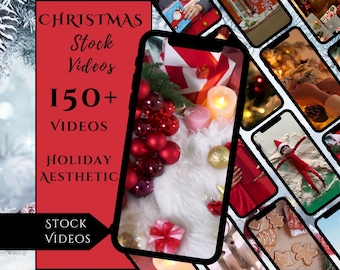 May include: A smartphone shows a festive video with red baubles, candles, and a gift box on a white fur surface. The image is surrounded by other smartphone screens with Christmas-related videos. Text on the left reads "CHRISTMAS Stock Videos 150+ Videos Holiday Aesthetic".
