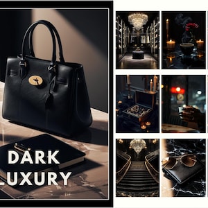 May include: A black leather handbag with gold hardware and a gold lock. The handbag is sitting on a light brown surface. A glass of red wine is in the foreground. A black notebook with the text "DARK LUXURY" is on the surface. The image is a collage of different scenes with a dark and luxurious theme.