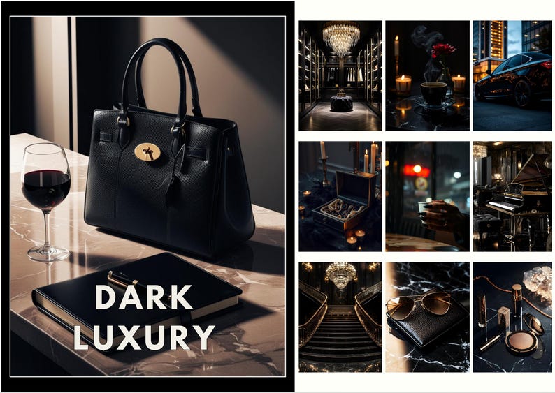 May include: A black leather handbag with gold hardware and a gold lock. The handbag is sitting on a light brown surface. A glass of red wine is in the foreground. A black notebook with the text "DARK LUXURY" is on the surface. The image is a collage of different scenes with a dark and luxurious theme.