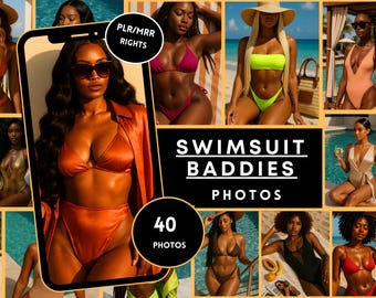 May include: A collage of photos featuring various swimsuits in different colors and styles. The central image showcases a woman in an orange bikini. The text "SWIMSUIT BADDIES PHOTOS" is displayed prominently, with "40 PHOTOS" below.