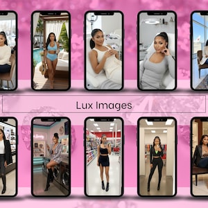 May include: A collection of ten smartphones displaying images of women in various settings. The images include women in a spa, by a pool, in a store, and in a business setting. The text "Lux Images" is displayed on a pink background.