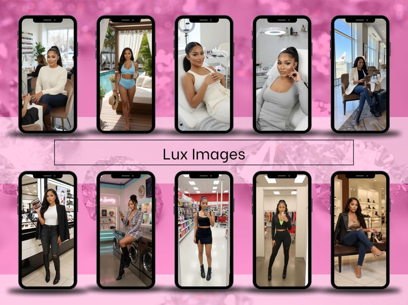 May include: A collection of ten smartphones displaying images of women in various settings. The images include women in a spa, by a pool, in a store, and in a business setting. The text "Lux Images" is displayed on a pink background.
