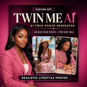 Peut inclure: Un graphique numérique pour Twin Me AI, un générateur de photos de jumeaux par IA. Le design présente une personne en blazer rose, avec deux photos en médaillon montrant la même personne en robe fleurie et chemisier rose. Le texte inclut Custom GPT, Twin Me AI, AI Twin Photo Generator, Upload Your Photo + Type Any Idea, et Realistic Lifestyle Photos.