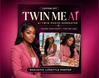 May include: A digital graphic for Twin Me AI, an AI twin photo generator. The design features a person in a pink blazer, with two inset photos showing the same person in a floral dress and a pink blouse. Text includes Custom GPT, Twin Me AI, AI Twin Photo Generator, Upload Your Photo + Type Any Idea, and Realistic Lifestyle Photos.