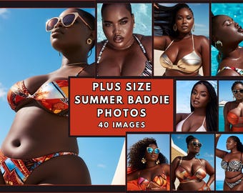 May include: A collage of photos featuring plus size women in various swimwear styles. The photos are set against a backdrop of tropical beaches and blue water. The text "Plus Size Summer Baddie Photos 40 Images" is displayed in the center of the collage.