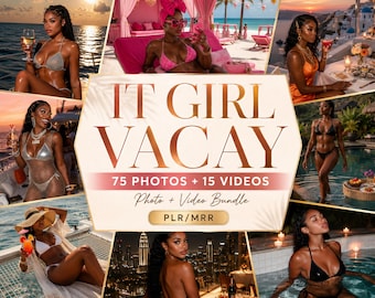 May include: A digital marketing bundle titled IT GIRL VACAY featuring 75 photos and 15 videos. The central graphic displays the text IT GIRL VACAY, 75 PHOTOS + 15 VIDEOS, Photo + Video Bundle, and PLR/MRR, surrounded by a collage of vacation images.
