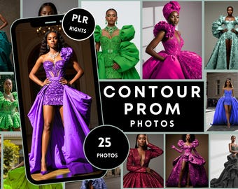 May include: A collage of photos showcasing various prom dresses in different colors and styles. The text "Contour Prom Photos" and "25 Photos" is displayed on the image.