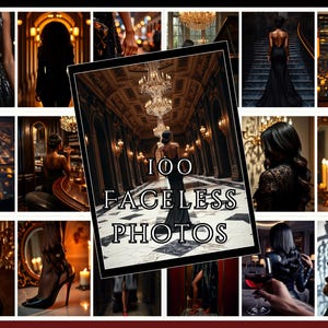 May include: A collage of 12 images featuring faceless people in various settings. The images are in black and white and feature people in dark clothing. The text "100 FACELESS PHOTOS" is superimposed on the collage.