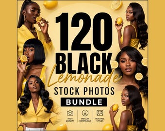 May include: A digital graphic featuring the text 120 BLACK Lemonade STOCK PHOTOS BUNDLE. The design includes multiple images of a person with dark skin and long dark hair wearing yellow clothing, holding lemons, with floating lemon slices on a yellow background.