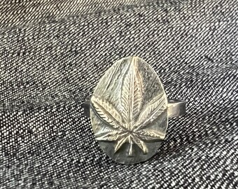 Cannabis Leaf Recycled Sterling Silver Ring - US 9