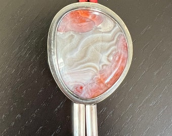 Prineville Agate “Georgia O’Keeffe Like” Sterling Silver Bolo Tie on Raspberry Braided Cord