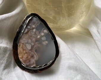 Flower Agate Mixed Metal Recycled Sterling Silver and Copper Statement Ring - US 9 (fits 8.5)